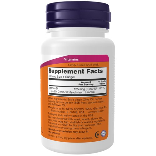 NOW Foods Supplements, Vitamin D-3 5,000 IU, High Potency, Structural Support*, 240 Softgels