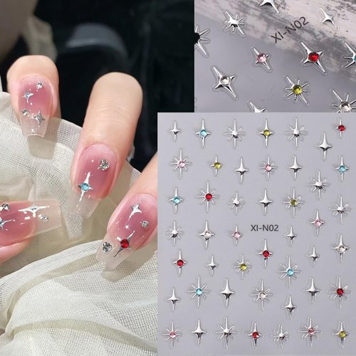 8 Sheets Star Nail Stickers Decals 3D Self Adhesive Star Nail Declas with Gem Design Black White Gold Silver Stars Nail Design Stickers for Women Girls DIY Star Nail Art Decoration Supply