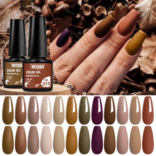 MTSSII 12 Colors Brown Gel Nail Polish Set, Fall Winter Gel Nail Polish Kit, Soak Off UV/LED Nail Polish Nail Art Design Salon Home Gifts for Women