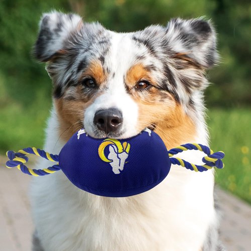 Pets First NFL Los Angeles Rams Football Dog Toy, Tough Quality Nylon Materials, Strong Pull Ropes, Inner Squeaker, NFL Team Color