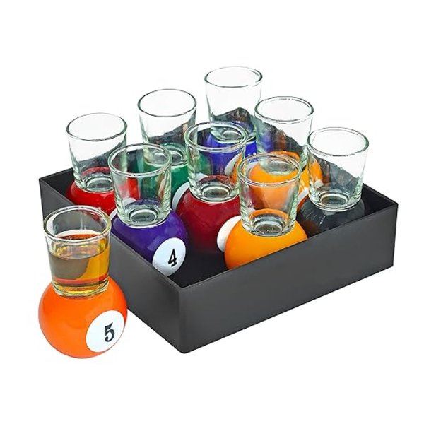 Billiards Pool Ball Shot Glasses, Set of 9 - Fairly Odd Novelties - Fun Sports Bar Drinking Gift Pack, Multicolor,1 ounce