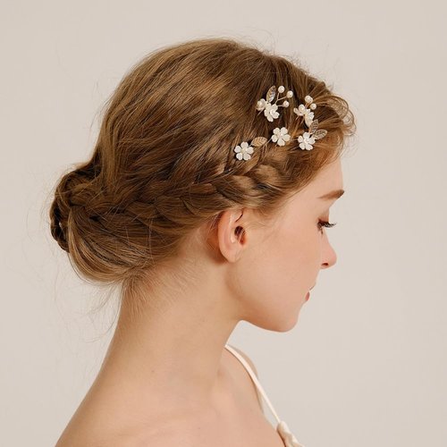 Wedding U - U Hair Pins for Bride, Bridesmaid and Flower Girls - White and Gold Hair Clips, 5 Pieces Gold Leaf and Flower Hair Accessories