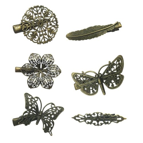 6 Assorted Vintage Hair Clips Pins Butterfly Dragonfly Flower Feather Women Girls