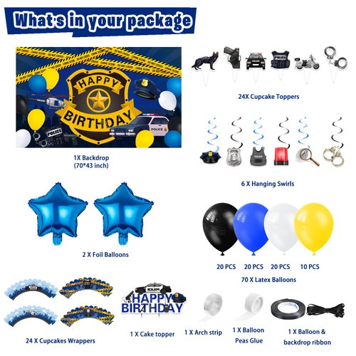 LXlucktim Police Birthday Party Supplies, 159 Pcs Police Cars Party Decorations for Girl Boy Baby - Backdrop, Cake, and Cupcake Toppers, Balloons, Cupcakes Wrappers, Hanging Swirls