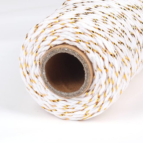 Tenn Well Cotton Bakers Twine, 2 Roll x 328 Feet 2mm Gold Wire Combined Cotton Twine Cording for Christmas Holidays DIY Arts Threading Decorations Baking Butchers