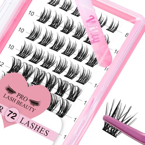 Lash Clusters, 72 Pcs Individual Cluster Lashes DIY Lash Extension 8-16mm Eyelash Clusters Volume Wispy Lashes Super Thin Band Reusable Soft & Comfortable(Witty,D-8-16mix)
