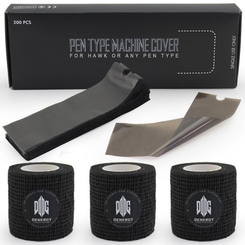 Tattoo Pen Covers with Grip Tapes Black,Denergy 200pcs(2×6.9 inch) Tattoo Pen Machine Bags with 3Rolls Self Adhesive Bandage Wrap for Wireless Tattoo Pen Machine(Standard Sleeves+3Rolls)