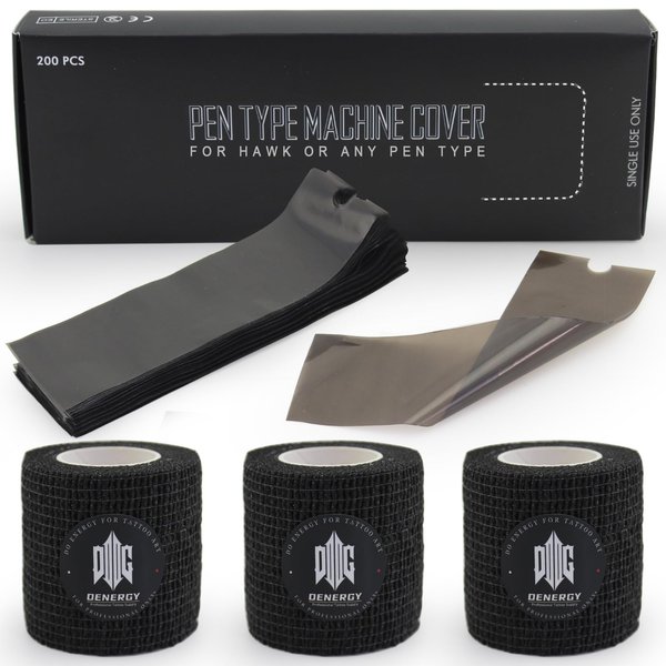 Tattoo Pen Covers with Grip Tapes Black,Denergy 200pcs(2×6.9 inch) Tattoo Pen Machine Bags with 3Rolls Self Adhesive Bandage Wrap for Wireless Tattoo Pen Machine(Standard Sleeves+3Rolls)