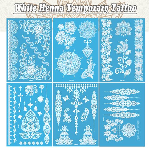 6 Sheets White Henna Temporary Tattoos for Women Girls Lace Fake Tattoo Stickers Mystery Sexy Mandala Flower Body Art Design Waterproof Henna Sticker DIY Goddess Look