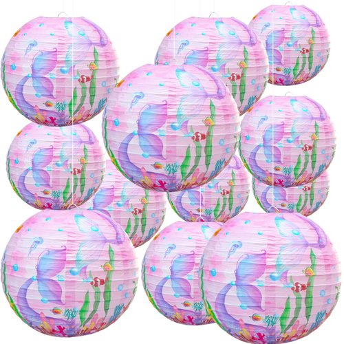12" Paper Lanterns Party Decorations, Pink Mermaid Party Decorations, Under the Sea Party Decorations for Mermaid Theme Girl Birthday Party Wedding Baby Shower Party Supplies, Pack of 12.