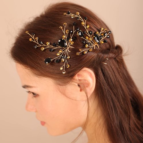 Xerling 2Pcs Gold Crystal Hair Pins Wedding Bridal Black Rhinestones Hair Accessories for Brides Boho Hair Pieces for Women and Girls (Black)
