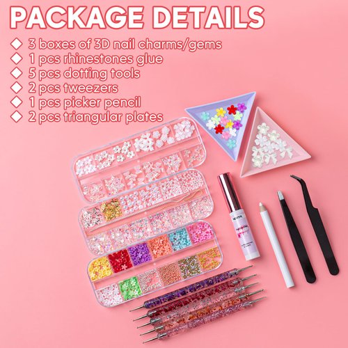 XIFEPFR 3D Nail Charms Gems Kit with Nail Art Rhinestone Glue, Flowers Aurora Bow Butterfly Bear Caviar Bead Pearl Jewelry Rhinestones for Nail Decoration with Pickup & Dotting Tools