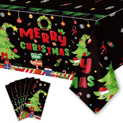 ORNACELE 6PCS Christmas Disposable Tablecloths, 108" x 54" Rectangular Plastic Waterproof Tablecover with Christmas Stocking Gift Wreath, Winter Holiday Themed Party Party Decoration Supplies