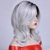 SEVENCOLORS Long Grey Wigs for White Women Ombre Silver Wavy Curly Wigs with Black Roots Natural Hair 18'' Synthetic Gray Wigs for Cosplay Party Daily Use