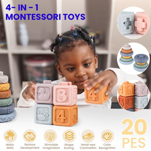 WAWAMINGZ Montessori Baby Toys 6-12 Months, 4 in 1 Toddlers Baby Toy Gifts 1 Year Old Boys Girls for 0, 6, 9, 12, 18 Months, Pull String Teether, Infant Stacking Blocks, Sensory Shapes Bin