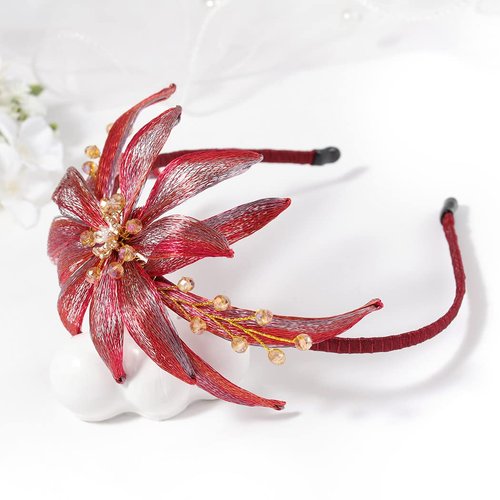 Formery Copper Wire Flower Headband Red Crystals Floral Metal Hairband Party Prom Festival Handmade Woven Brass Wires Leaves Beads Headpiece Hair Accessories for Women and Girls
