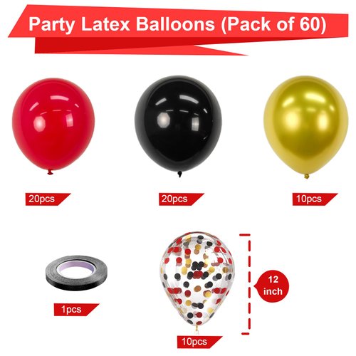 Bezente Red Black and Gold Latex Balloons,60pcs 12 inch Red Black Gold Metallic Chrome Confetti Balloons for Birthday, Wedding, Graduation, New Year, Casino Theme Party Decoration