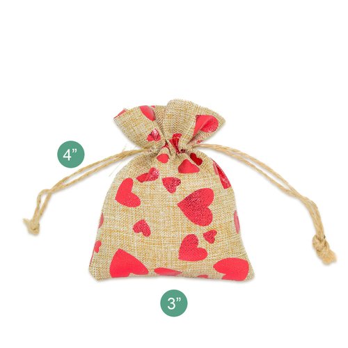 12-pack 3x4 Jute Burlap Canvas Gift Bags w/Drawstring (Red Hearts, X-Small) - for Presents, Party Favors, Retail, Samples by TheDisplayGuys
