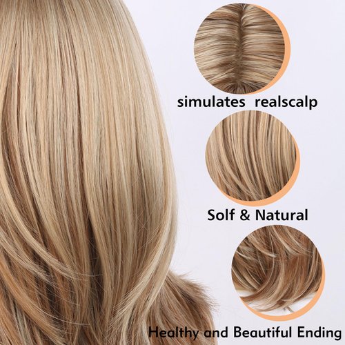 Matthia Highlight Blonde Wigs for White Women Layered Wavy Wig Strawberry Blonde Synthetic Hair Wig with Bangs, 16inch Natural Sand Blonde Wigs for Women Hair Replacement Wigs Halloween Costume Wigs