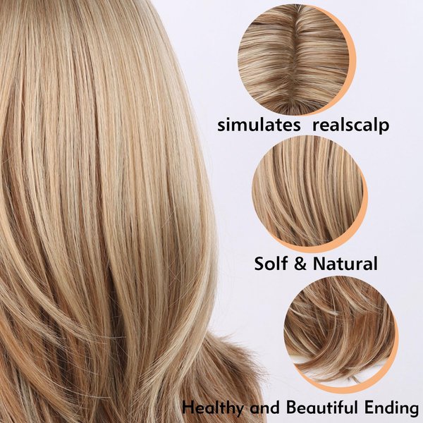 Matthia Highlight Blonde Wigs for White Women Layered Wavy Wig Strawberry Blonde Synthetic Hair Wig with Bangs, 16inch Natural Sand Blonde Wigs for Women Hair Replacement Wigs Halloween Costume Wigs