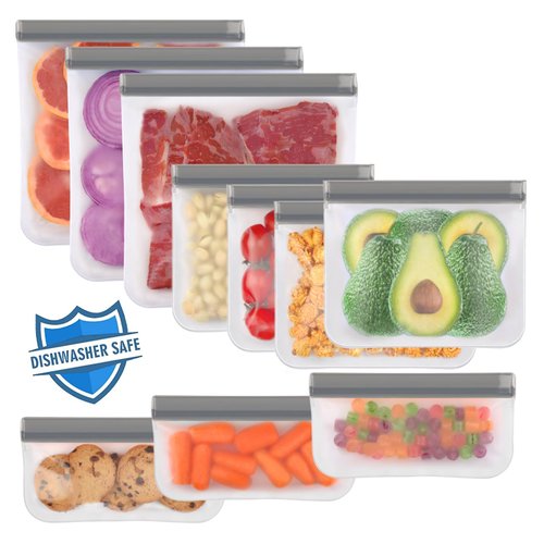 Lerine 10 Pack Dishwasher Safe Reusable Bags Silicone, Leakproof Reusable Freezer Bags, BPA Free Reusable Storage Bags for Lunch Marinate Food Travel(Grey) - 3 Gallon 4 Sandwich 3 Snack Bags