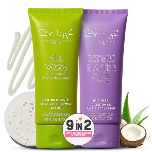 DR. LIPP Wash & Glow Pack [ALL WAYS & BEFORE N' AFTER 2x100ml] – 9-in-2 Body Wash & Lotion, Face Cleanser, Shampoo & Hair Conditioner & More – 100% Natural Aloe Vera & Coconut Oil – Fragrance Free