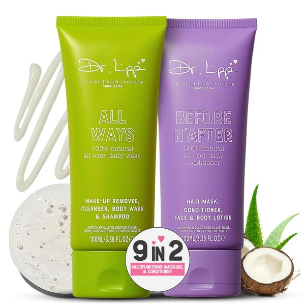 DR. LIPP Wash & Glow Pack [ALL WAYS & BEFORE N' AFTER 2x100ml] – 9-in-2 Body Wash & Lotion, Face Cleanser, Shampoo & Hair Conditioner & More – 100% Natural Aloe Vera & Coconut Oil – Fragrance Free