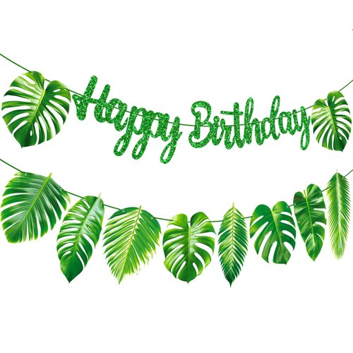 Tropical Birthday Decorations Green Palm Leaf Happy Birthday Banners Hawaiian Luau Birthday Decorations for Summer Theme Birthday Party Jungle Baby Shower Supplies