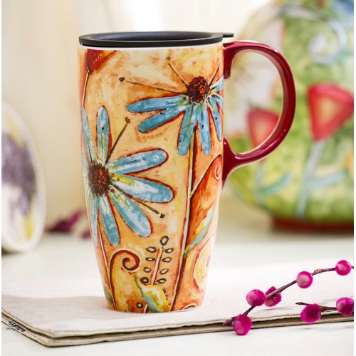 CEDAR HOME Coffee Ceramic Mug Porcelain Latte Tea Cup With Lid 17oz. Orange Flower