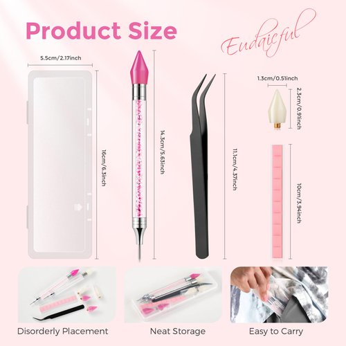 Eudaicful Rhinestone Picker Tool Kit: 2Pcs Rhinestone Picker, Dual-Ended Rhinestones Applicator Dotting Pen with 4 Upgraded Gem-Shape Wax Tips, Tweezer, Clay for DIY Nail Art Salon Home