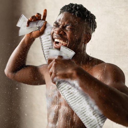 myHomeBody Extra Long Exfoliating Washcloth, Exfoliating Body Scrubber, Exfoliating Towel, Japanese Washcloth, Spring Green and Tan Stripes, Set of 2