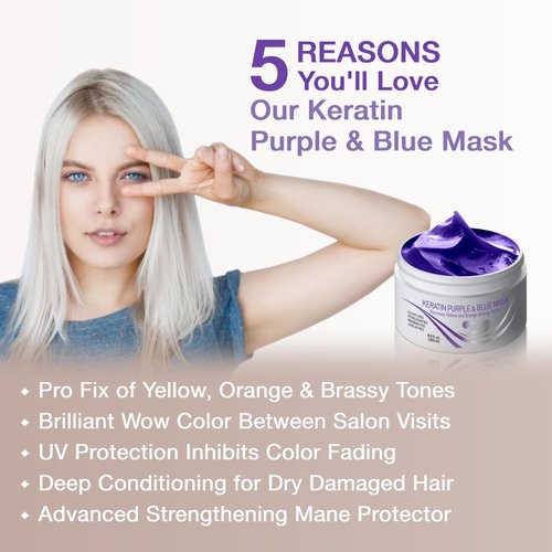 Vitamins Keratin Purple Hair Mask - Violet Blue Protein Deep Conditioner Treatment - Toner for Blonde Platinum Silver Gray Ash or Brown Colored Dry and Damaged Brassy Hair