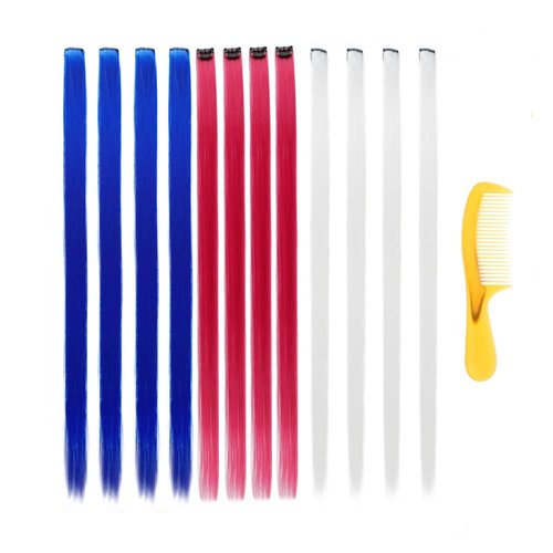 22 Inch Colored Hair Extensions 12 Packs Multi-colors Party Highlights Clip in for Women and Kids Colorful Straight Long Hair Extensions Rainbow Hair Extension (White+red+blue)