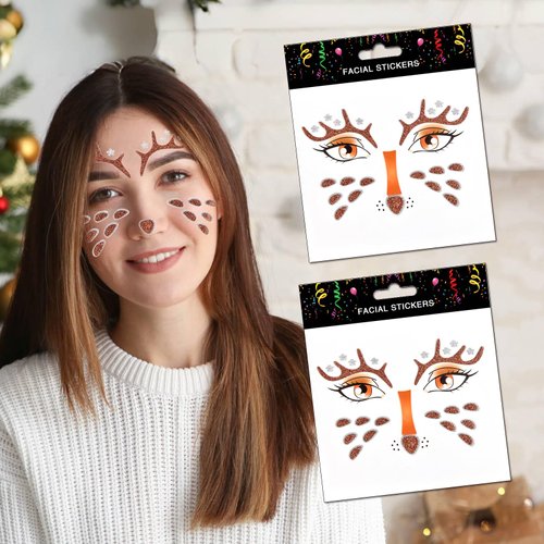 Christmas Cute Elk Animal Face Sticker Cartoon Animal Face Red Gems Sticker Face Art Stickers Kid Face Eye Decoration for Makeup Face Sparkling Party Face Sticker 2Pcs (Reindeer)