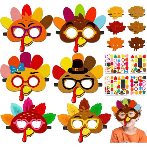80UncleKimby 16PCS Thanksgiving Crafts for Kids - Felt Turkey Masks DIY Arts Kit, Fall Party Favors Classroom Activities Supplies in Bulk