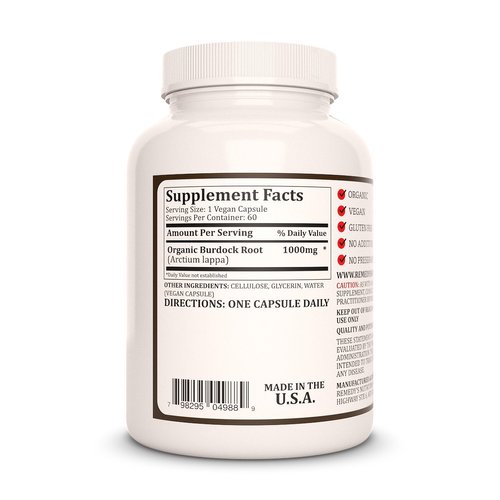 Remedy's nutrition Burdock Root Extract Powder 1,000mg Vegan Capsules Herbal Supplement - Non-GMO, Gluten Free, Dairy Free - Two Month Supply (60 Count), One (1) Vegan Capsule per Serving