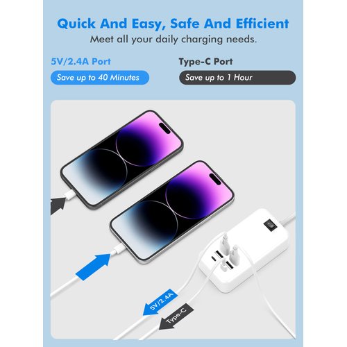 USB Charger, Flymic 6 Port USB Charger Station for Multiple Devices USB Power Strip USB C Charger Block USB Charging Hub for iPhone 14/13 Pro Max/13 Pro/13,iPad Pro,Switch, Galaxy S21 (White)