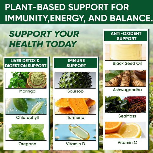 Soursop 10 in 1 Extract Drops, Soursop Bitters Liquid Drops with Sea Moss, Turmeric, Moringa, Oregano, Black Seed Oil, Ashwagandha, Chlorophyll, Sugar/Gluten Free, Natural Flavor (1)