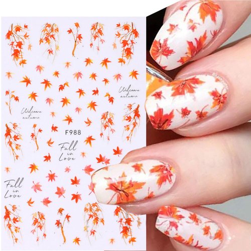 3D Maple Leaf Nail Art Stickers Fall Embossed Nail Sticker Decal Yellow Leaf Flower Squirrel Nail Art Design Autumn Thanksgiving Nail Decoration for Women Girls 4 Sheets