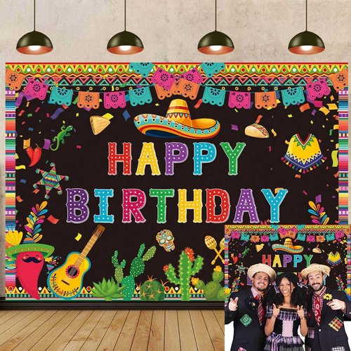 Mexican Happy Birthday Backdrop Mexico Fiesta Themed Cactus Taco Photography Background for Colorful Carnival Bday Party Decorations Banner (82x59 inch (7x5FT))