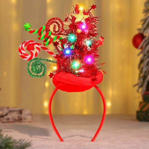 Catery Light up Christmas Headbands Led Christmas Tree Headband Elf Hats Hair Band Xmas Hairband Holiday Hair Hoop Hair Accessories for Women and Kids (Set-A)