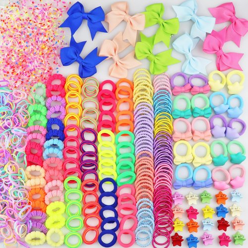 940Pcs+ Baby Girls Hair Elastic Ties Bow Seamless Cotton Hair Bands Colorful Mini Rubber Tie Bow Hair Clips Star Claws Assorted Ponytail Holders Soft for Thin Hair Braids Kids Toddler Little One