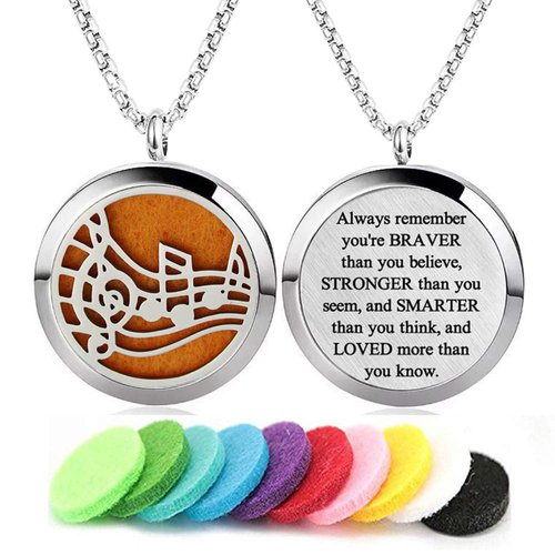 Aromatherapy Essential Oil Diffuser Necklace 316L Stainless Steel Locket Pendant with 24 Inch Chain (Music)
