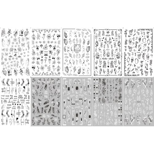 10 Sheets Spring Flower Nail Art Stickers Decals Self-Adhesive Pegatinas Uñas Black White Blossom Nail Supplies Nail Art Design Decoration Accessories
