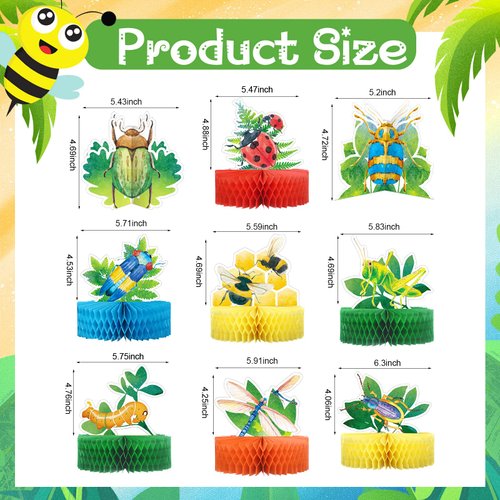 9 Pcs Summer Bugs Party Decorations Bug Themed Honeycomb Centerpiece Bug Party Supplies Insect Table Centerpiece Decoration Bug Themed Honeycombs Table Toppers for Baby Shower, Birthday Supplies