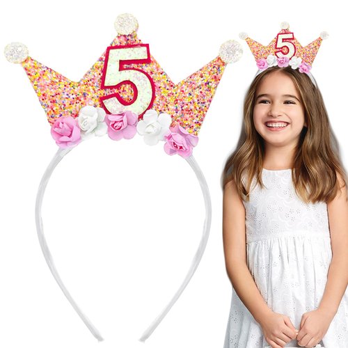 Capiant 5th Birthday Decorations for Women, Birthday Crown Headbands, 5-Year-Old Happy Birthday Decorations Flower Princess Tiara Hair Accessory, Women 5th Birthday Gift Party Decorations Supplies