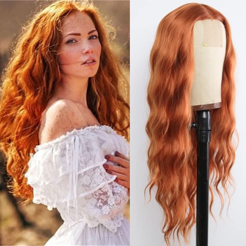 EVLYNN Ginger Orange Color Lace Front Wigs Loose Wave Wigs for Fashion Women Heat Resistant Natural Wave Auburn Wigs Long Wavy Synthetic Hair Replacement Wigs 24 Inch Light Brown Wig