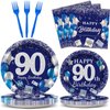 96 Pcs 90th Birthday Party Supplies Navy Blue and Silver Birthday Plates 90th Birthday Paper Tableware Happy Birthday Party Plates and Napkins Forks Blue Birthday Table Decorations for 24 Guests