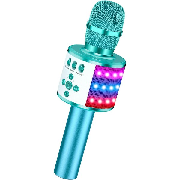 BONAOK Bluetooth Wireless Karaoke Microphone with LED Lights,4-in-1 Portable Handheld Mic with Speaker Karaoke Player for Singing Home Party Toys Birthday Gift for Kids Adults Girls Q78(Ice Blue)