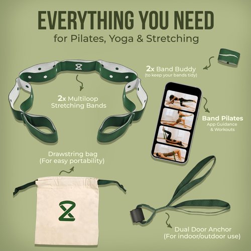 Pilates in a Box: Stretch Straps with Loops with Door Anchor for Yoga, Pilates Straps – Stretching Strap with Loops, Yoga Straps for Stretching with Loops, Stretch Out Straps for Physical Therapy